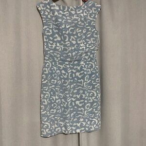 Ann Taylor Blue and White Patterned Midi Sheath Dress